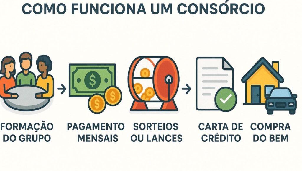 O que é consórcio: guia completo para investir sem juros 2 Infográfico mostrando como funciona um consórcio passo a passo